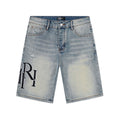 AMIRI Light Blue Distressed Monogram Denim Shorts