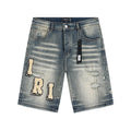 AMIRI Light Blue Letter Patch Denim Shorts